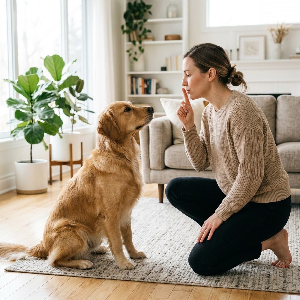 Person using a calm command with a dog to stop barking