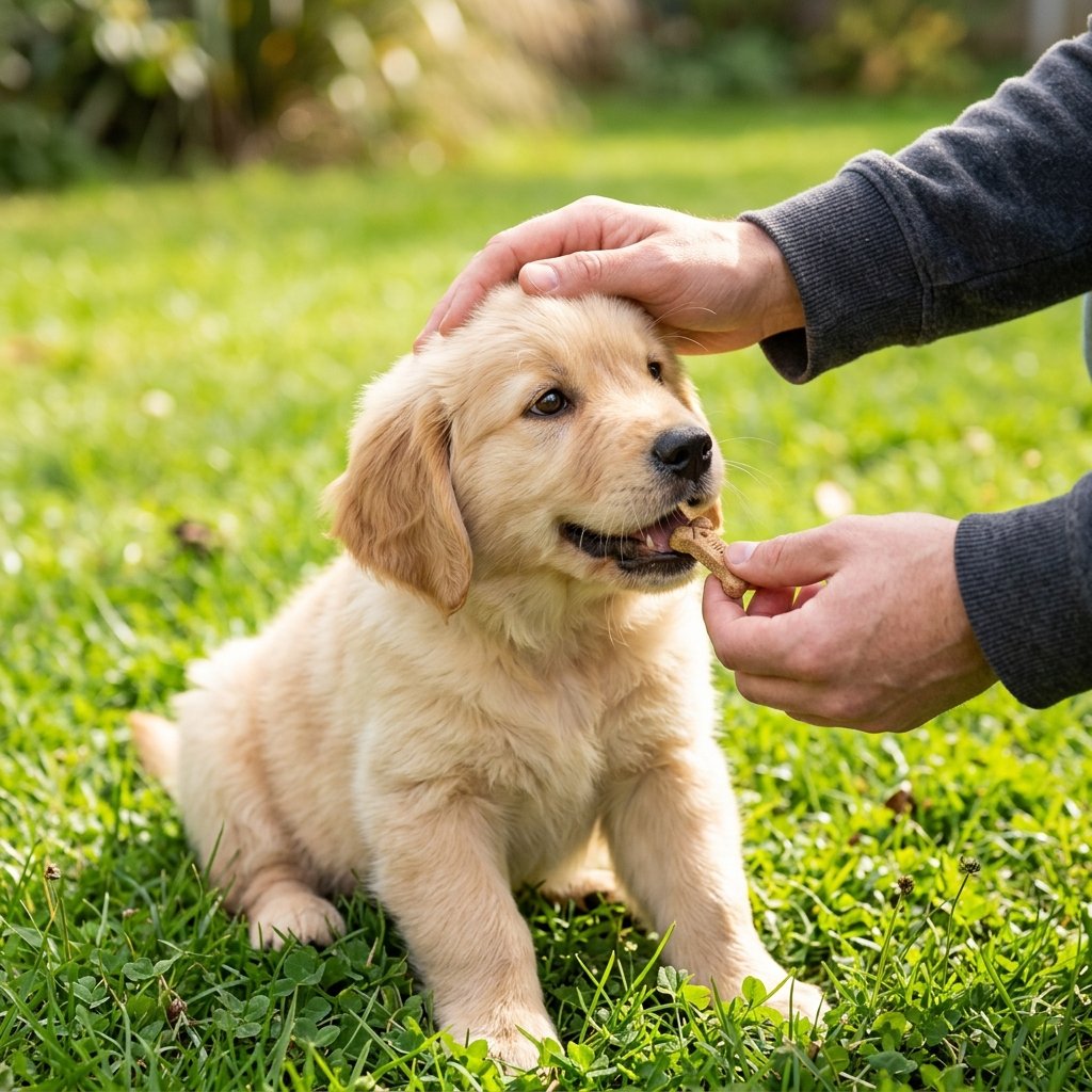 Person feeding a puppy a treat on the grass after going potty outside