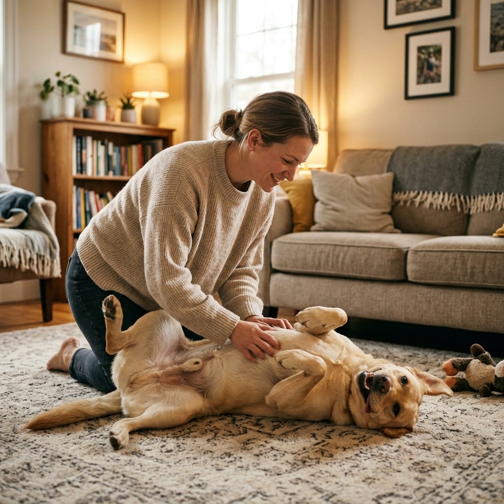 Person giving a labrador a belly rub as a reward during positive reinforcement dog training