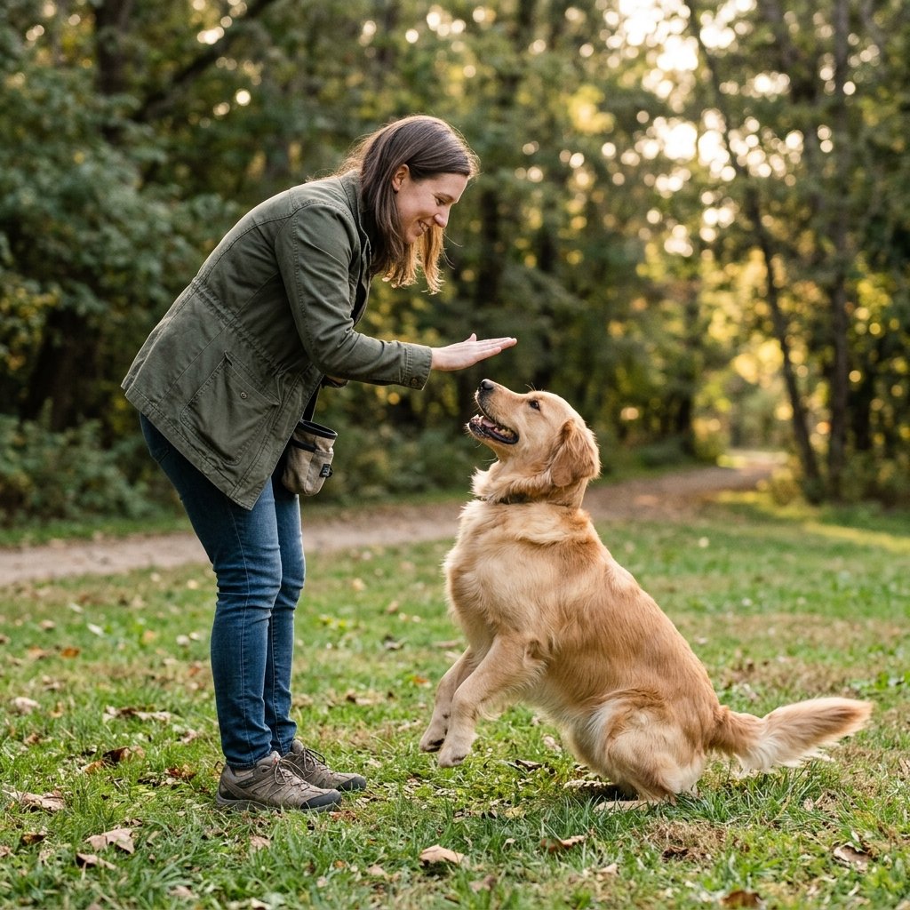 Person guiding a sitting dog during a positive reinforcement training session