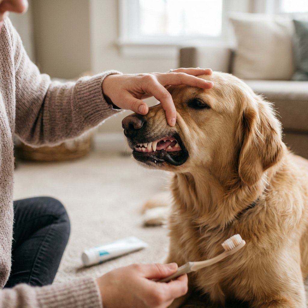 Person lifting a dog's lip to check the teeth and gums, a good habit during puppy teething