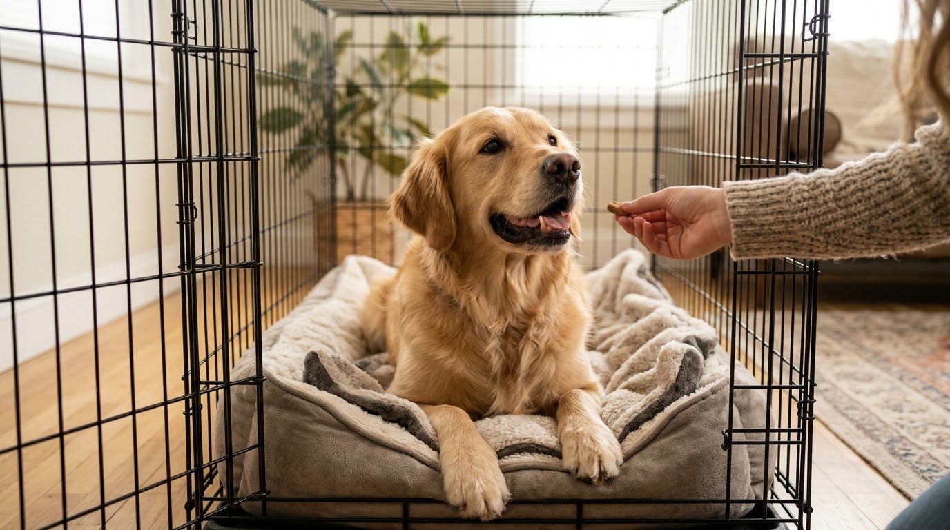 Person offering a treat to a dog during crate training
