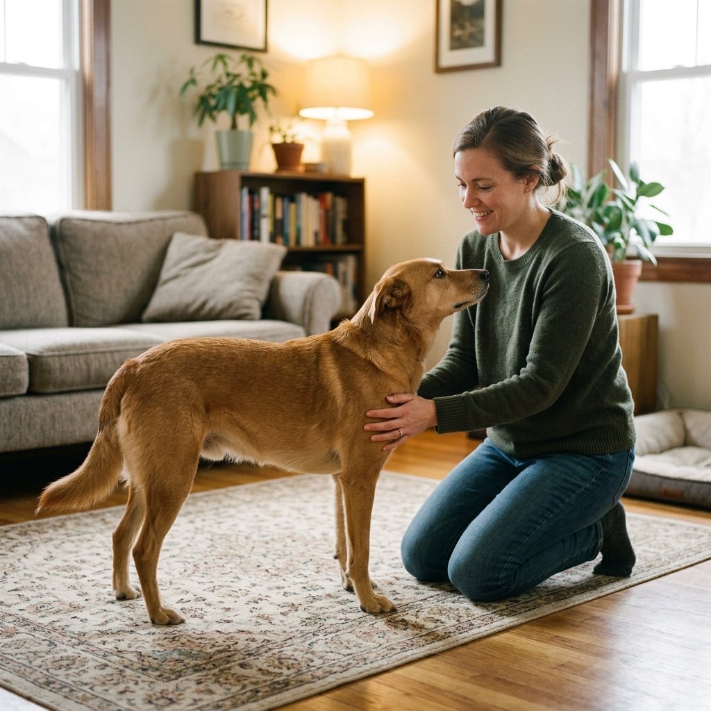 Person calmly petting a dog indoors as a reward for keeping four paws on the floor
