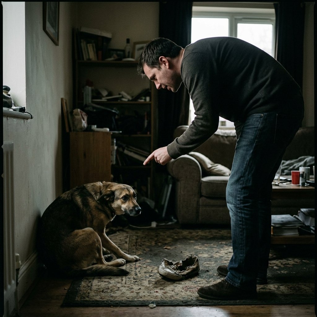 Person scolding a cowering dog, a training mistake that increases fear