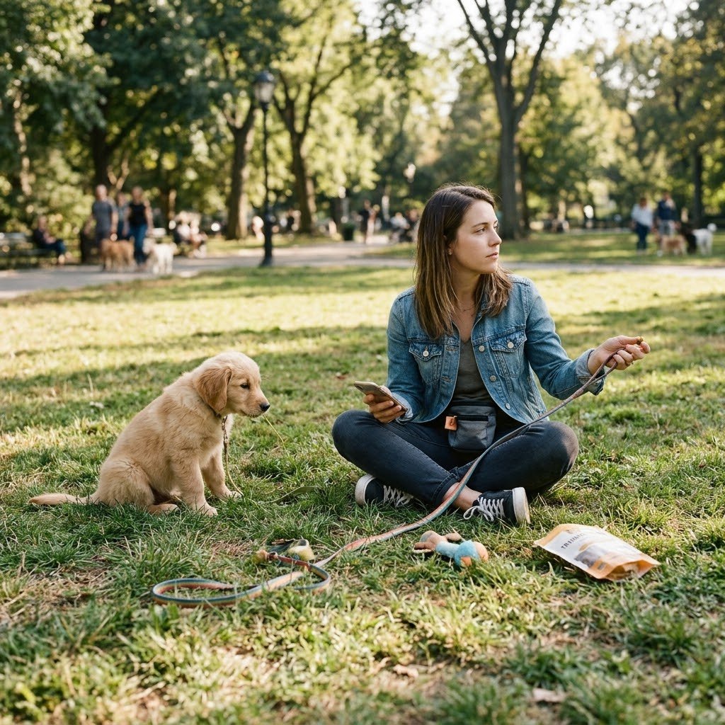 Person training a puppy in a park with short, positive sessions