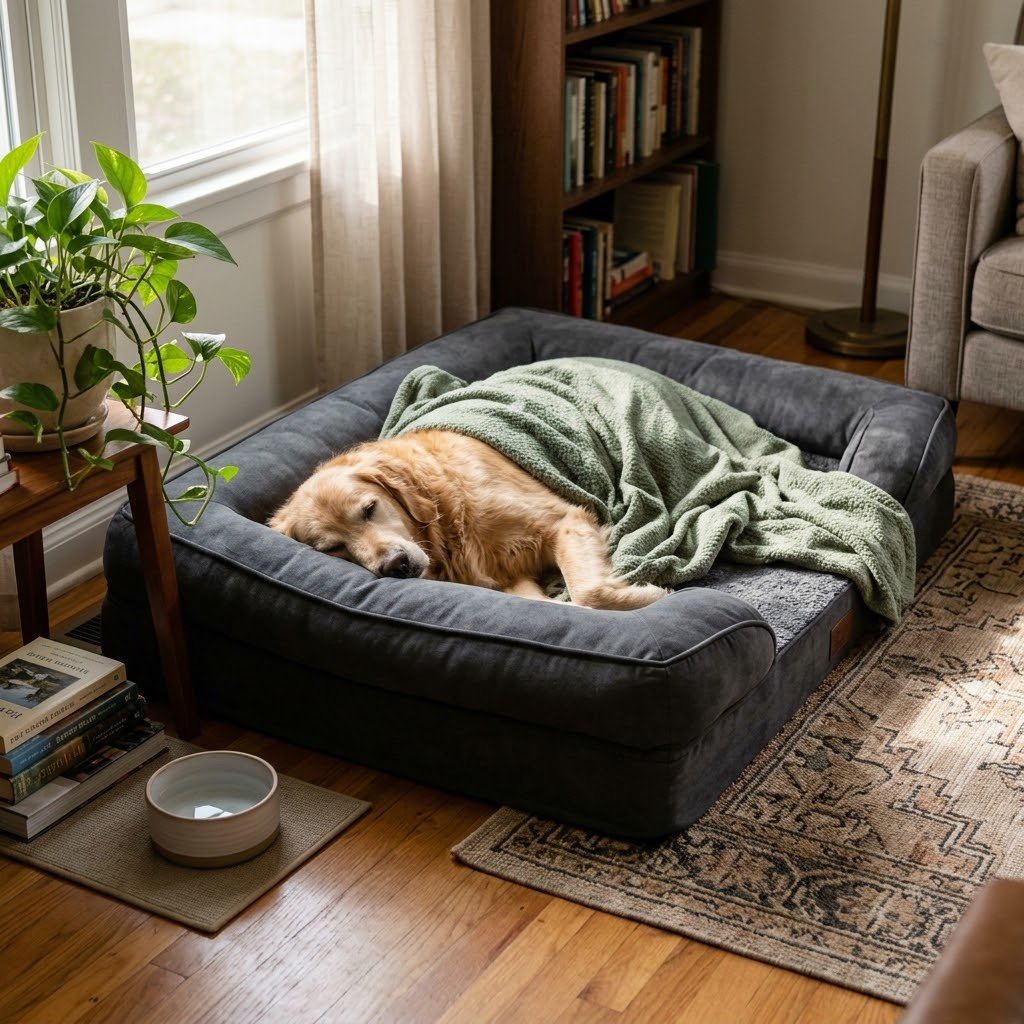 Pet resting in a comfortable bed
