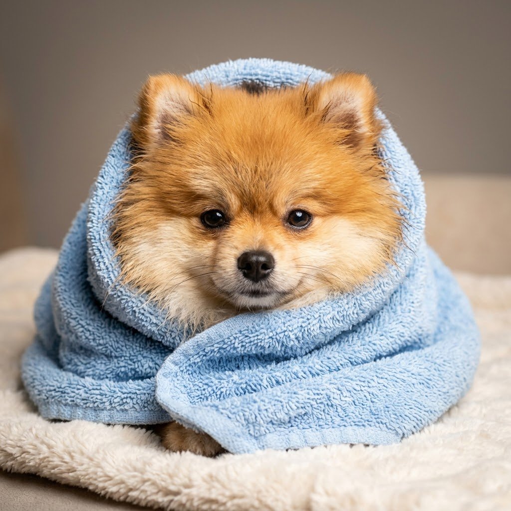 Pomeranian wrapped in a towel after a bath