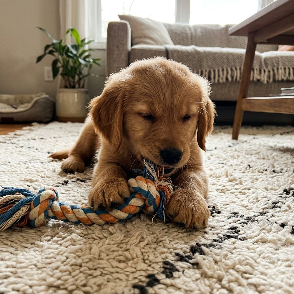 Puppy chewing a rope toy, a safe outlet in puppy care tips for beginners