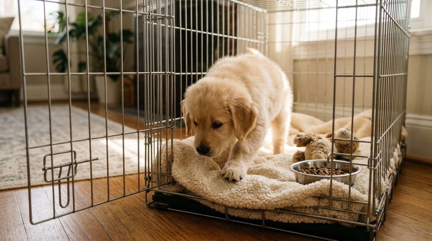 Puppy exploring an open crate for the first time