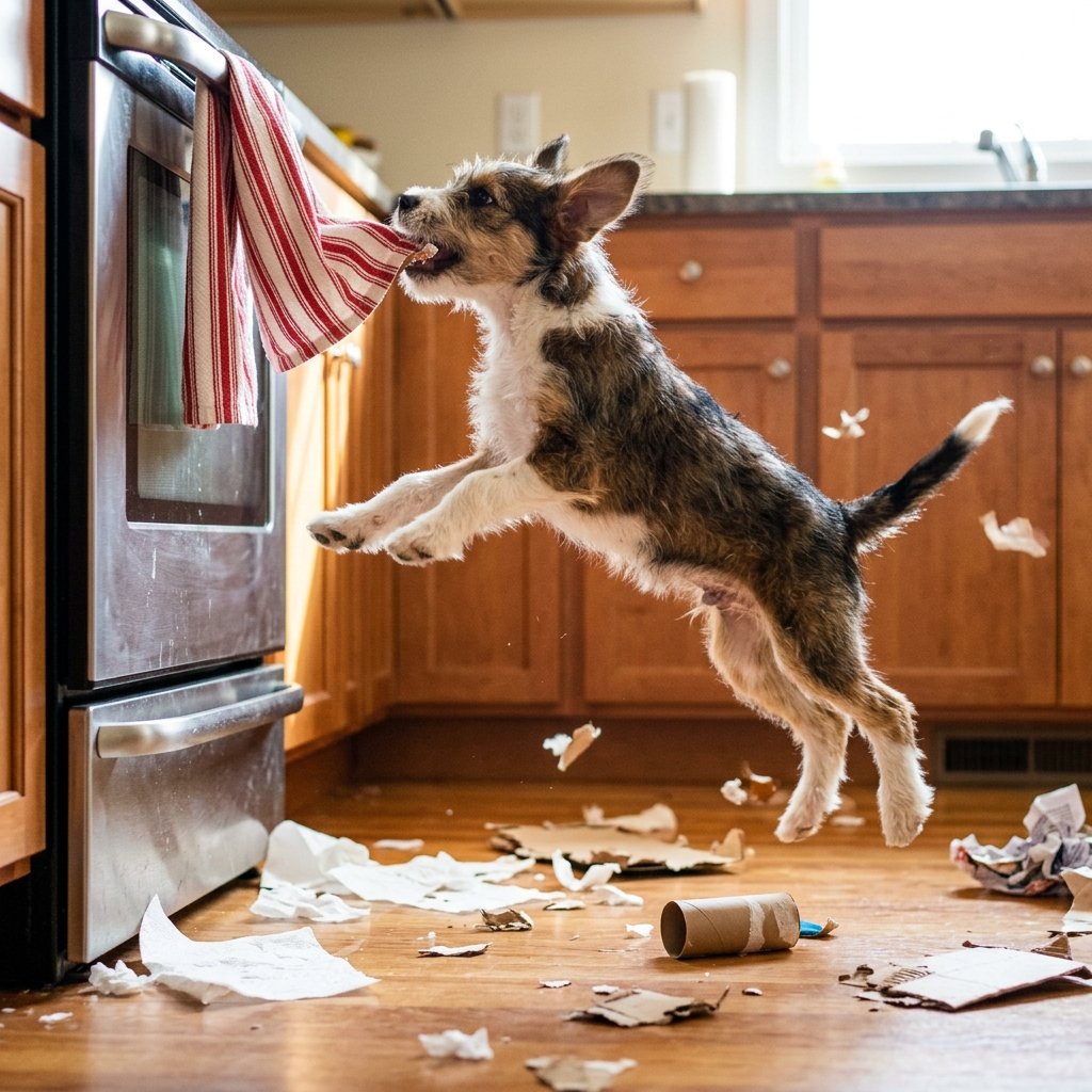Puppy jumping up to grab a kitchen towel