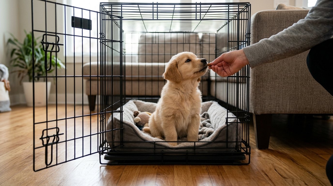 Puppy getting a treat inside his crate