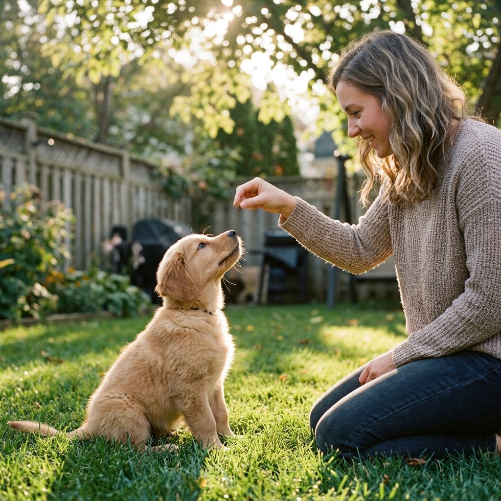 Puppy receiving a treat from its owner during positive reinforcement dog training