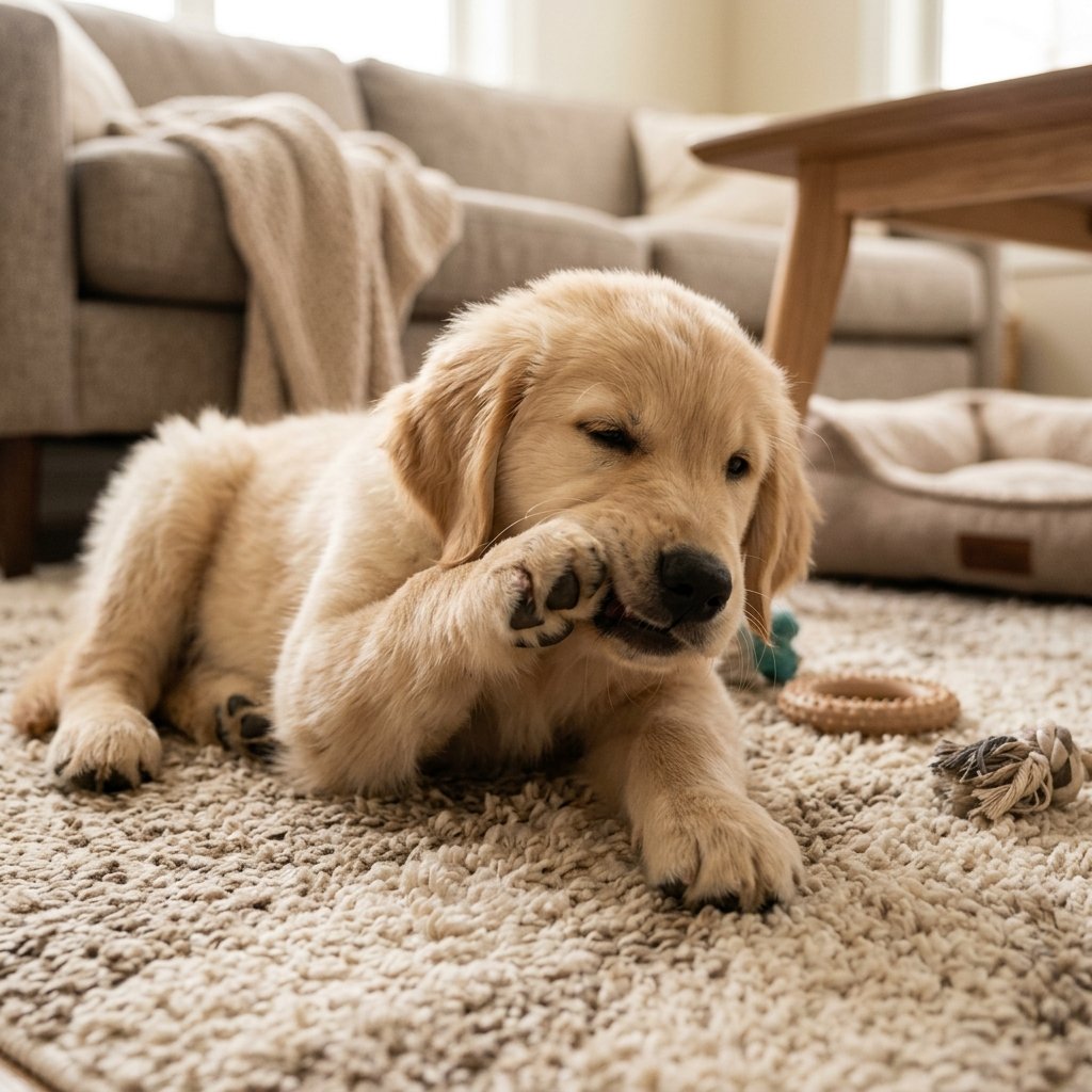 Puppy rubbing its face and muzzle, a common sign of teething discomfort