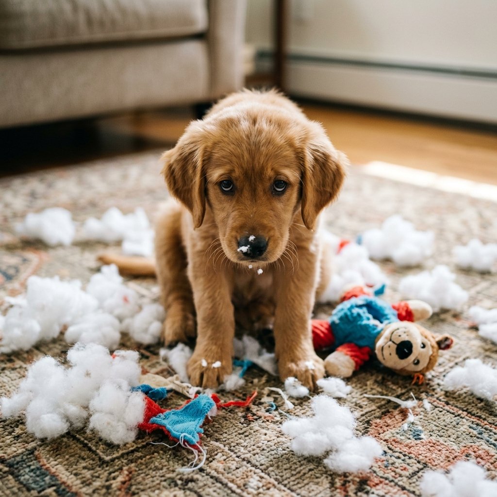 Puppy sitting near a destroyed toy after chewing