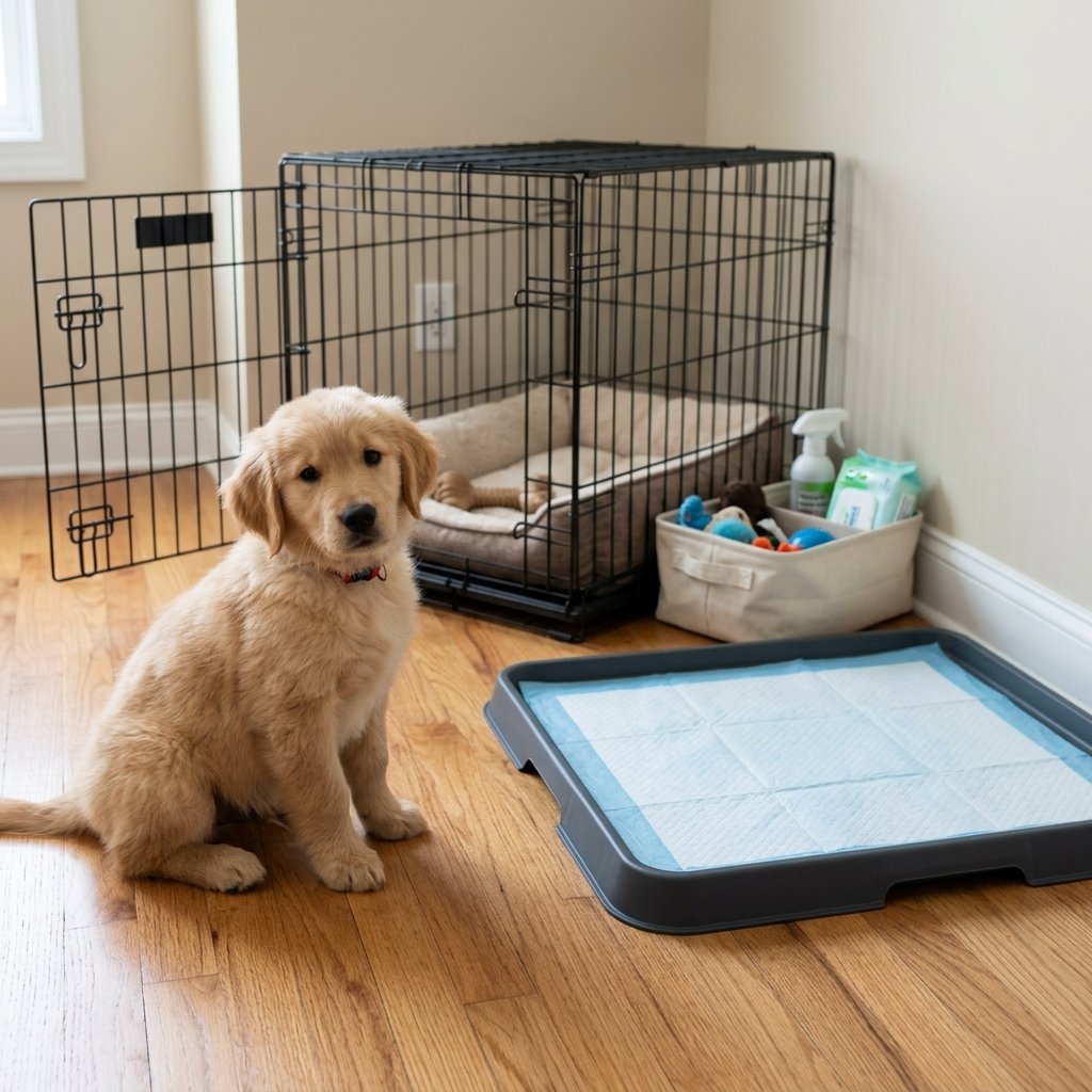 Puppy sitting near an indoor potty pad