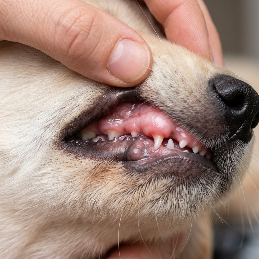 Puppy teething symptoms: puppy with red, swollen gums