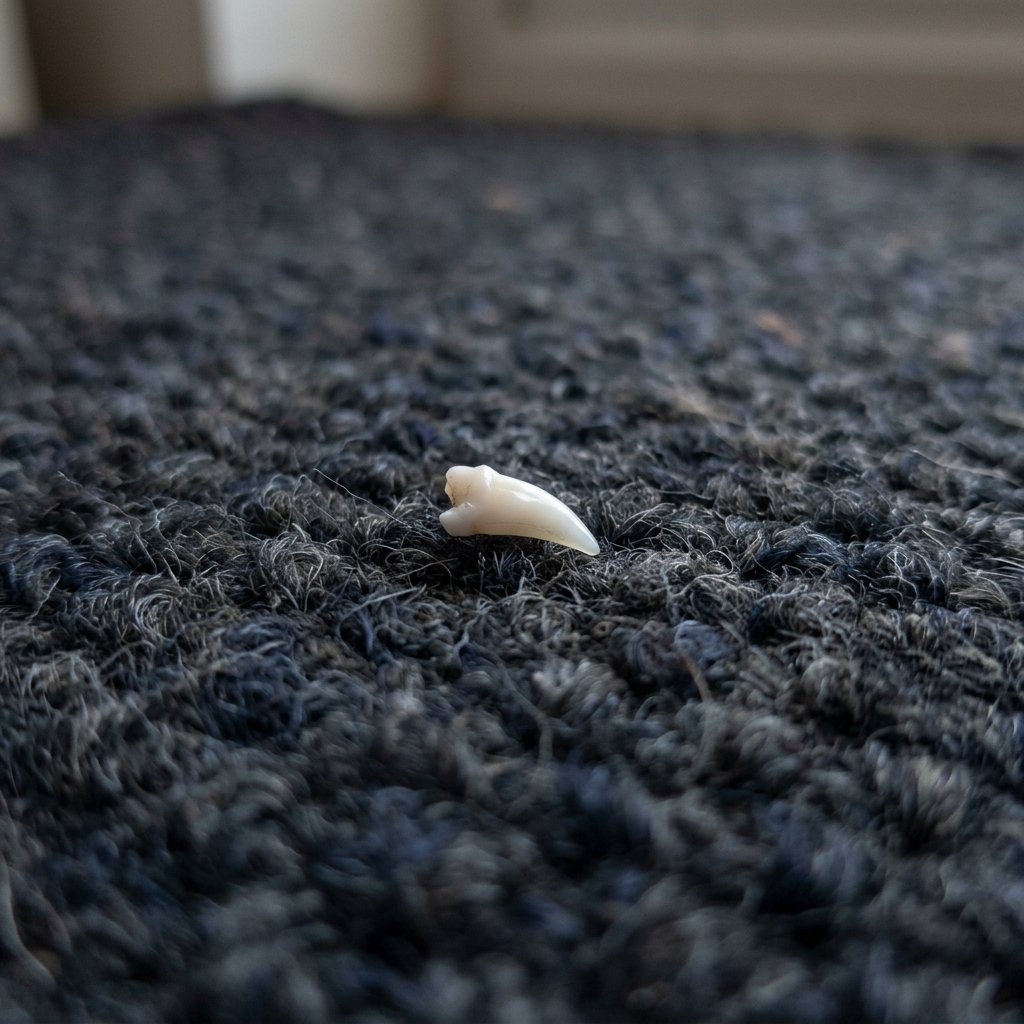 Baby puppy tooth on a rug, one of the puppy teething symptoms owners may notice