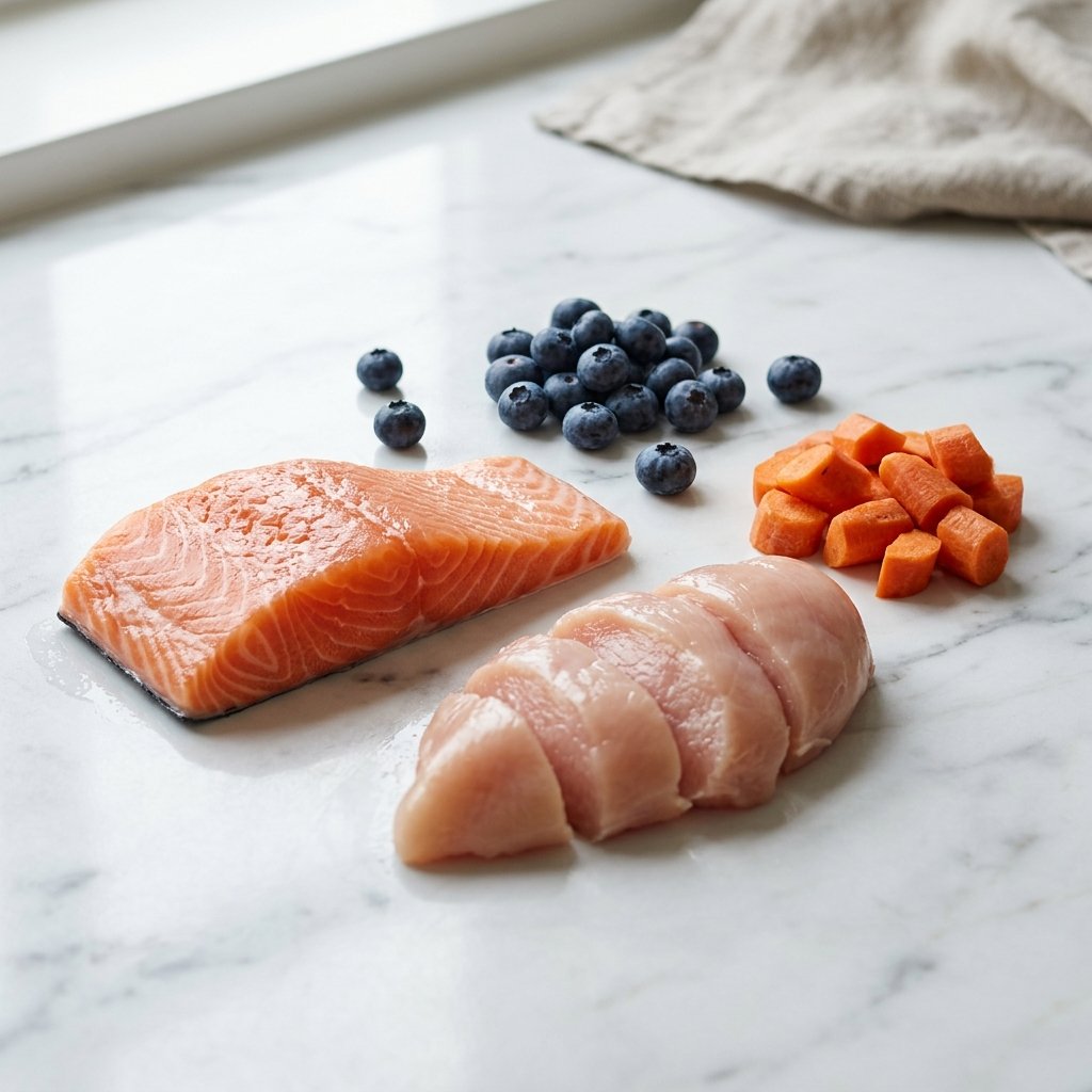 Raw pet food ingredients displayed on a table