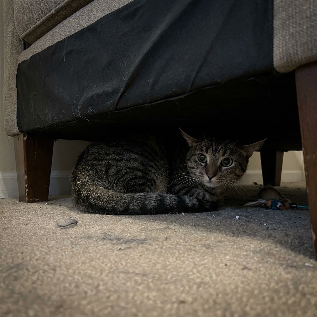 Stressed cat hiding under a sofa, one of the common signs your cat is stressed