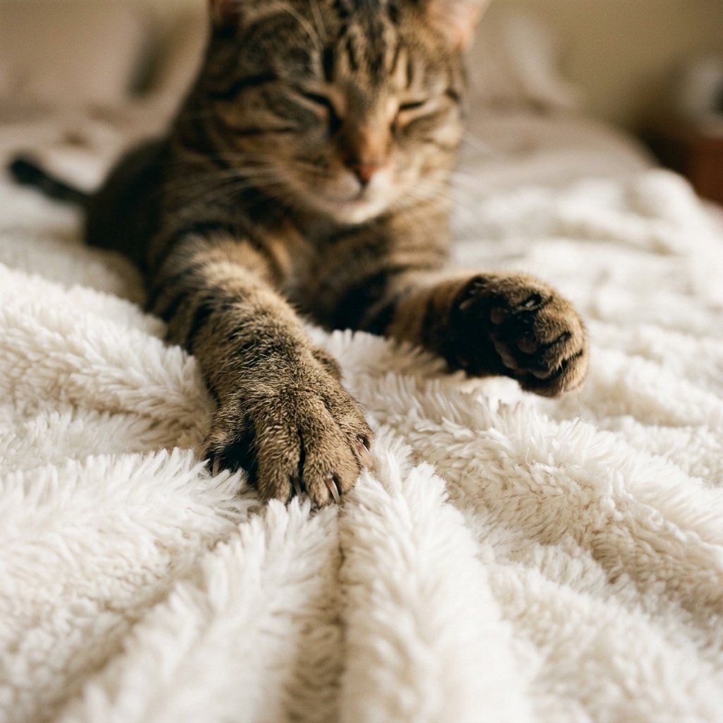 Tabby cat kneading a white blanket, a comfort habit that can include suckling