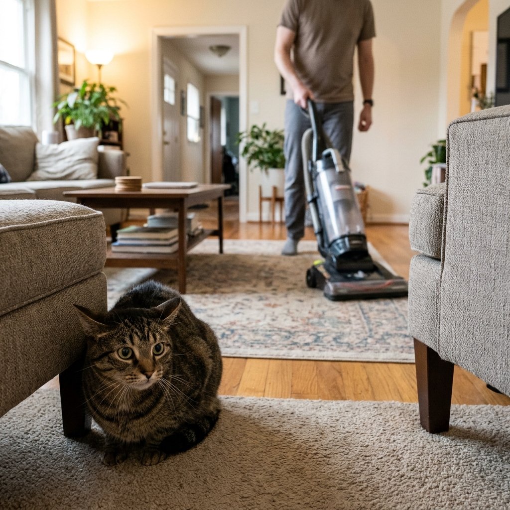 Timid cat startled by a noise, one reason for a cat hiding for days after a scare