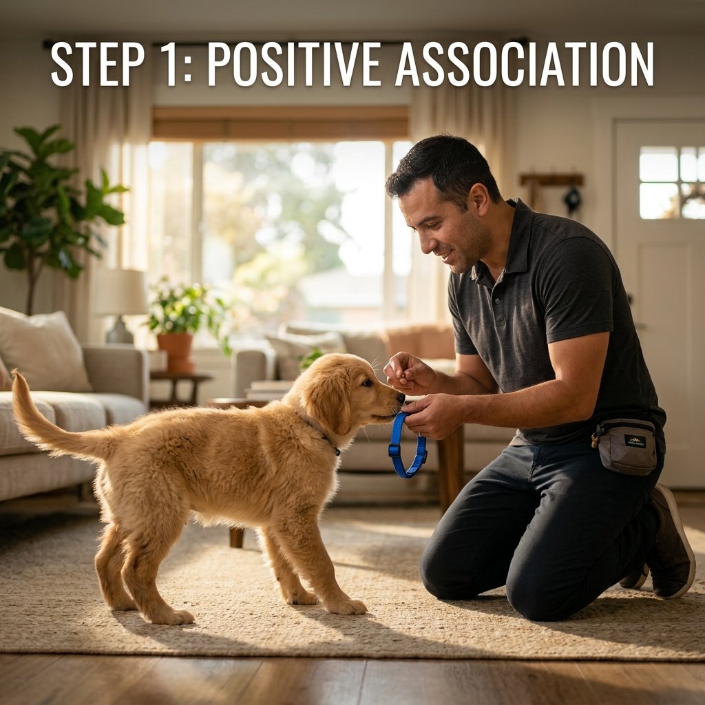 Trainer introducing a collar to a puppy