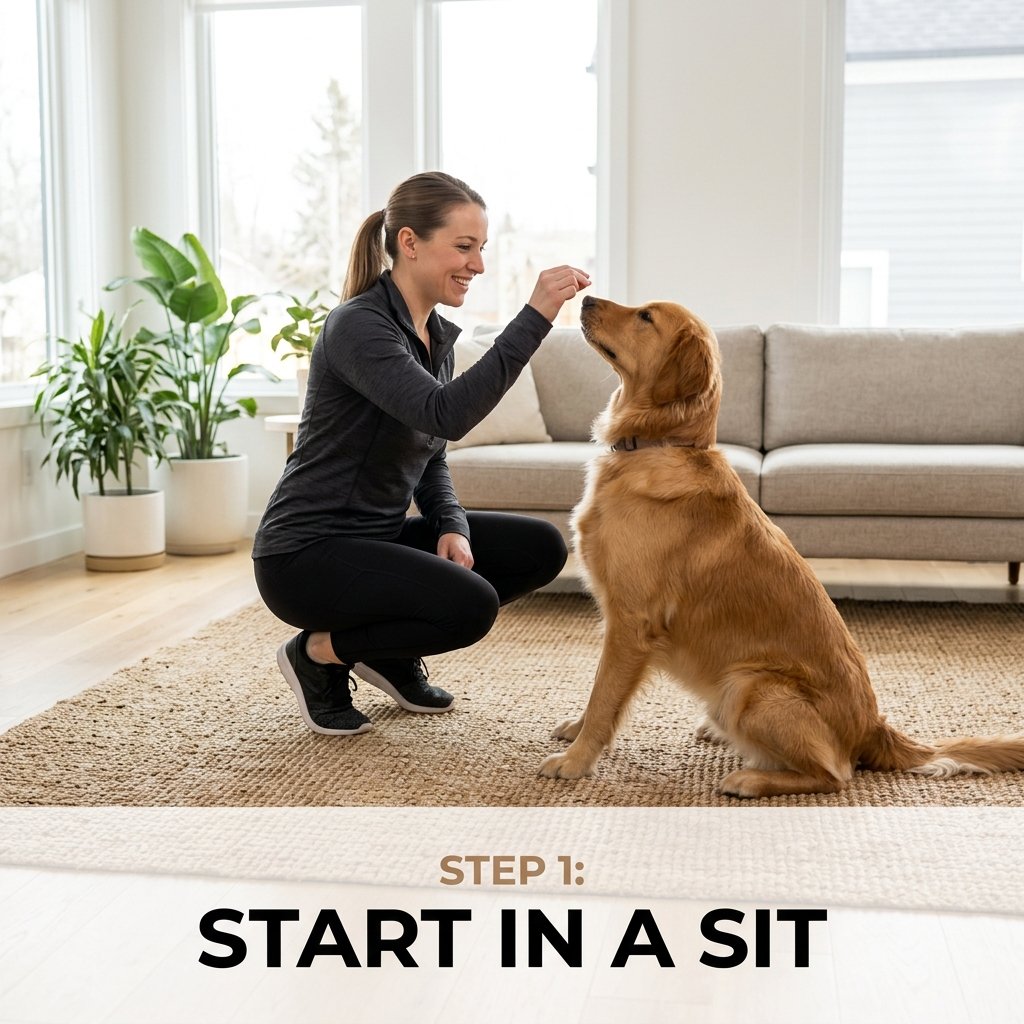 Trainer luring a dog into a sit position with a treat