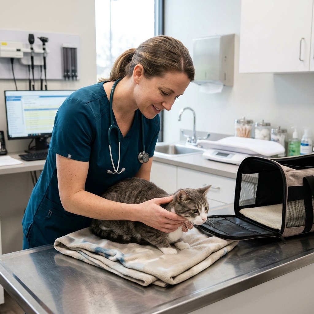 Veterinarian examining a cat to find out why the cat is hiding for days