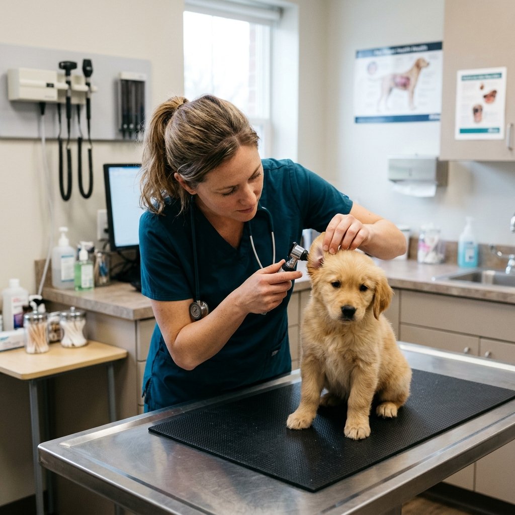 Veterinarian examining a puppy's ears during a check-up, an important puppy care tip for beginners