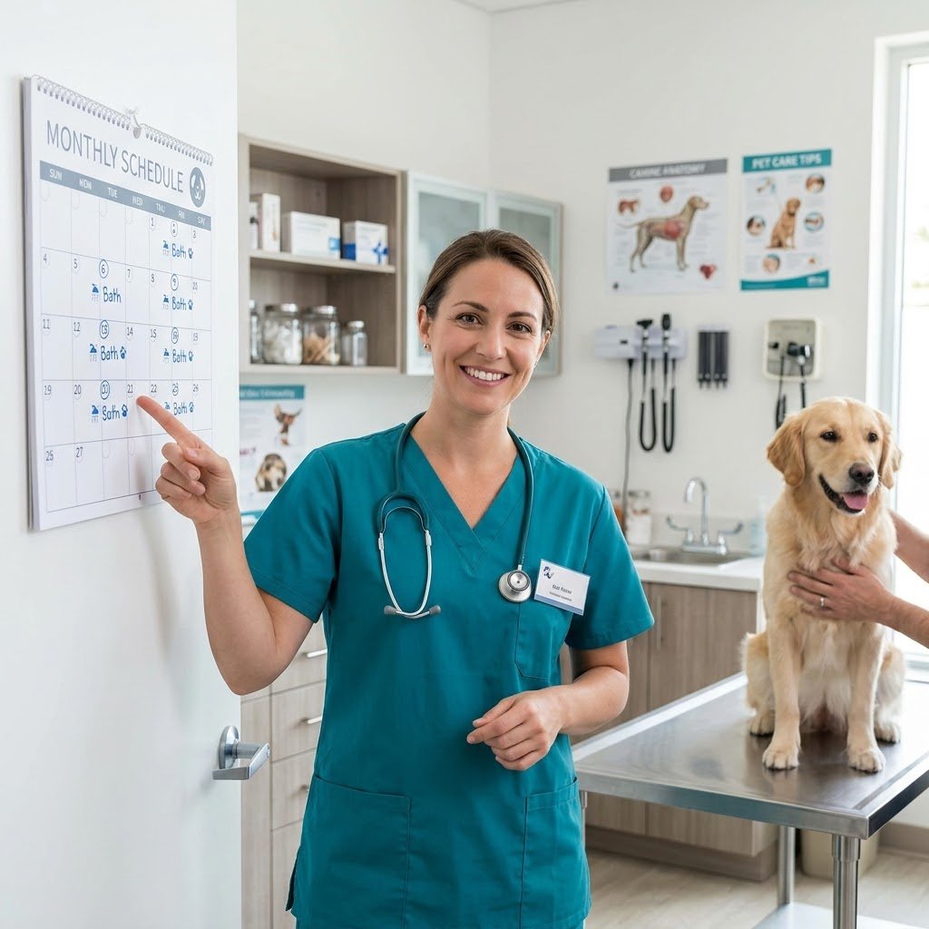 Veterinarian pointing to a calendar to explain how often you should bathe a dog