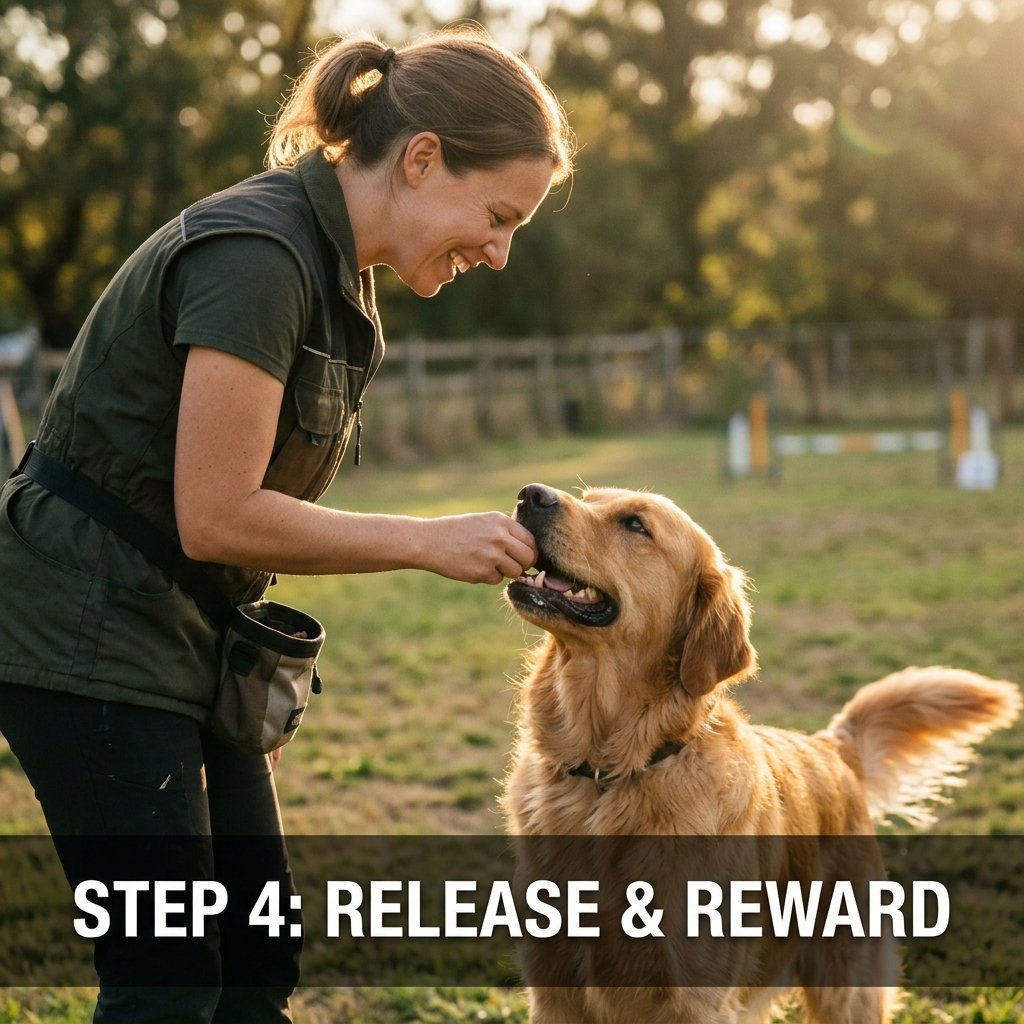 Woman rewarding a dog with a treat for staying